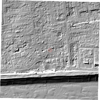 Shaded relief map of the ground around BN124DE, computed from Environment Agency LiDAR. The ground here sits at about 4 m above sea level and falls 10 m across the surrounding 800 m. Surface water reaching this point runs off ground lying to the west-north-west, 1.0 m higher.