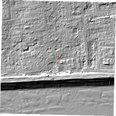 Shaded relief map of the ground around BN124DF, computed from Environment Agency LiDAR. The ground here sits at about 4 m above sea level and falls 9 m across the surrounding 800 m. Surface water reaching this point runs off ground lying to the north-north-west, 2.4 m higher.