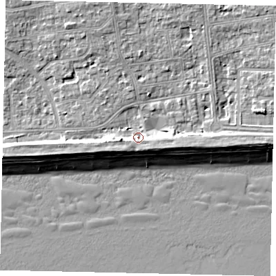 Shaded relief map of the ground around BN124DG, computed from Environment Agency LiDAR. The ground here sits at about 4 m above sea level and falls 9 m across the surrounding 800 m. Surface water reaching this point runs off ground lying to the west-south-west, 3.1 m higher.