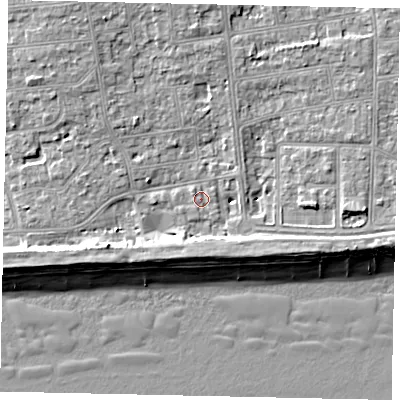 Shaded relief map of the ground around BN124DJ, computed from Environment Agency LiDAR. The ground here sits at about 4 m above sea level and falls 9 m across the surrounding 800 m. Surface water reaching this point runs off ground lying to the north-west, 0.8 m higher.