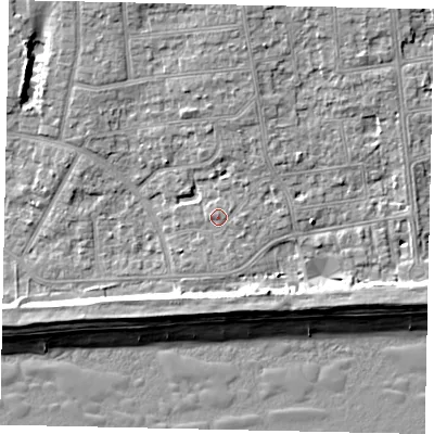 Shaded relief map of the ground around BN124DP, computed from Environment Agency LiDAR. The ground here sits at about 5 m above sea level and falls 9 m across the surrounding 800 m. Surface water reaching this point runs off ground lying to the north, 3.3 m higher.