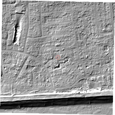 Shaded relief map of the ground around BN124DR, computed from Environment Agency LiDAR. The ground here sits at about 5 m above sea level and falls 10 m across the surrounding 800 m. Surface water reaching this point runs off ground lying to the north-east, 1.6 m higher.