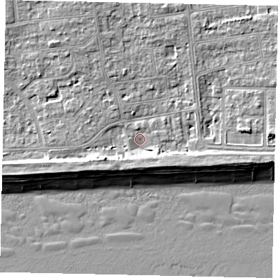 Shaded relief map of the ground around BN124FB, computed from Environment Agency LiDAR. The ground here sits at about 3 m above sea level and falls 9 m across the surrounding 800 m. Surface water reaching this point runs off ground lying to the north-north-west, 5.1 m higher.