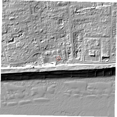 Shaded relief map of the ground around BN124FD, computed from Environment Agency LiDAR. The ground here sits at about 4 m above sea level and falls 9 m across the surrounding 800 m. Surface water reaching this point runs off ground lying to the north-north-east, 4.5 m higher.