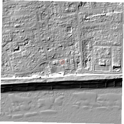 Shaded relief map of the ground around BN124FF, computed from Environment Agency LiDAR. The ground here sits at about 4 m above sea level and falls 9 m across the surrounding 800 m. Surface water reaching this point runs off ground lying to the north-north-west, 4.0 m higher.