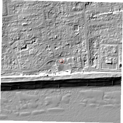 Shaded relief map of the ground around BN124FH, computed from Environment Agency LiDAR. The ground here sits at about 4 m above sea level and falls 9 m across the surrounding 800 m. Surface water reaching this point runs off ground lying to the north-north-west, 5.5 m higher.