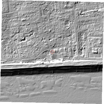 Shaded relief map of the ground around BN124FJ, computed from Environment Agency LiDAR. The ground here sits at about 4 m above sea level and falls 9 m across the surrounding 800 m. Surface water reaching this point runs off ground lying to the north-north-west, 5.5 m higher.
