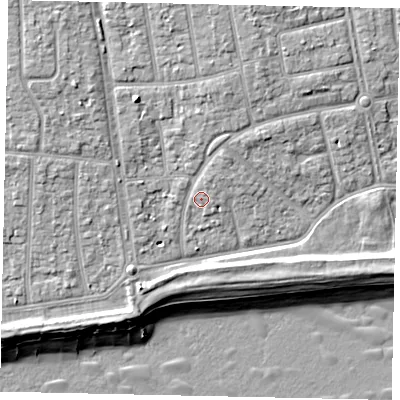 Shaded relief map of the ground around BN124HN, computed from Environment Agency LiDAR. The ground here sits at about 5 m above sea level and falls 9 m across the surrounding 800 m. Surface water reaching this point runs off ground lying to the north-north-east, 1.4 m higher.