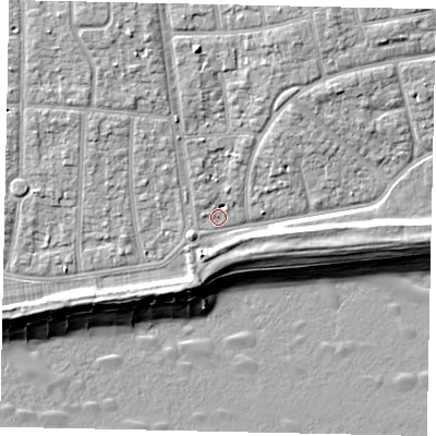 Shaded relief map of the ground around BN124HP, computed from Environment Agency LiDAR. The ground here sits at about 4 m above sea level and falls 10 m across the surrounding 800 m. Surface water reaching this point runs off ground lying to the north-west, 4.1 m higher.