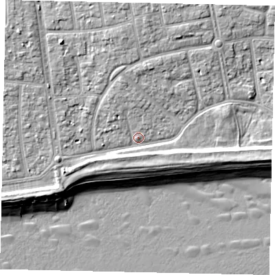 Shaded relief map of the ground around BN124HR, computed from Environment Agency LiDAR. The ground here sits at about 4 m above sea level and falls 9 m across the surrounding 800 m. Surface water reaching this point runs off ground lying to the north-west, 4.6 m higher.