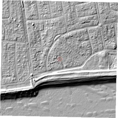 Shaded relief map of the ground around BN124HS, computed from Environment Agency LiDAR. The ground here sits at about 4 m above sea level and falls 9 m across the surrounding 800 m. Surface water reaching this point runs off ground lying to the north, 1.5 m higher.