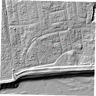Shaded relief map of the ground around BN124HT, computed from Environment Agency LiDAR. The ground here sits at about 5 m above sea level and falls 9 m across the surrounding 800 m. Surface water reaching this point runs off ground lying to the north, 3.9 m higher.