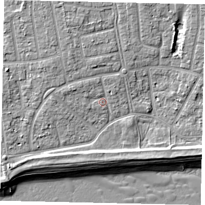 Shaded relief map of the ground around BN124HU, computed from Environment Agency LiDAR. The ground here sits at about 5 m above sea level and falls 9 m across the surrounding 800 m. Surface water reaching this point runs off ground lying to the north-west, 3.2 m higher.