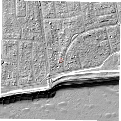 Shaded relief map of the ground around BN124HW, computed from Environment Agency LiDAR. The ground here sits at about 4 m above sea level and falls 9 m across the surrounding 800 m. Surface water reaching this point runs off ground lying to the north-west, 3.9 m higher.