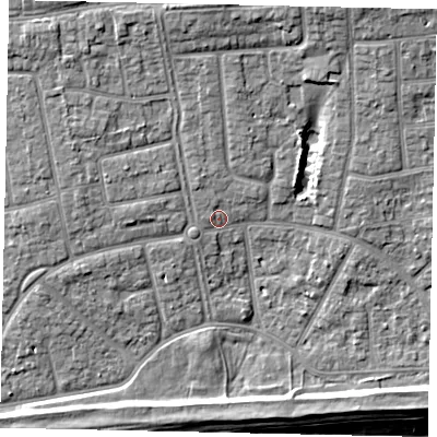 Shaded relief map of the ground around BN124HY, computed from Environment Agency LiDAR. The ground here sits at about 5 m above sea level and falls 10 m across the surrounding 800 m. Surface water reaching this point runs off ground lying to the north, 5.7 m higher.