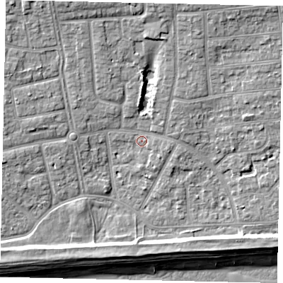 Shaded relief map of the ground around BN124HZ, computed from Environment Agency LiDAR. The ground here sits at about 4 m above sea level and falls 10 m across the surrounding 800 m. Surface water reaching this point runs off ground lying to the north-north-west, 5.7 m higher.
