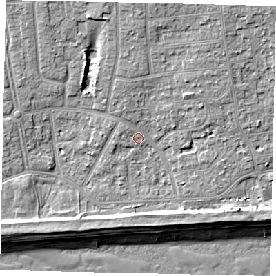Shaded relief map of the ground around BN124JA, computed from Environment Agency LiDAR. The ground here sits at about 4 m above sea level and falls 10 m across the surrounding 800 m. Surface water reaching this point runs off ground lying to the north-north-west, 1.6 m higher.