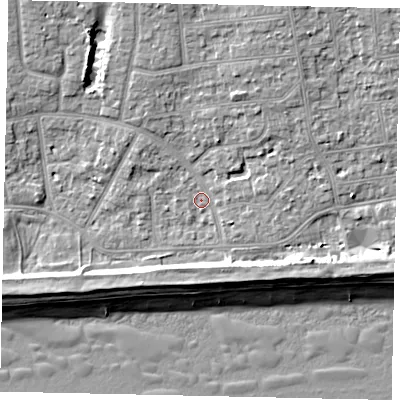 Shaded relief map of the ground around BN124JB, computed from Environment Agency LiDAR. The ground here sits at about 3 m above sea level and falls 9 m across the surrounding 800 m. Surface water reaching this point runs off ground lying to the north, 4.9 m higher.