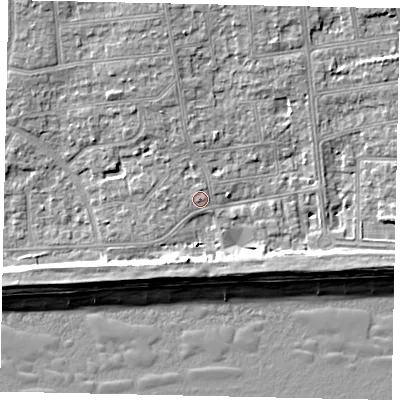 Shaded relief map of the ground around BN124JE, computed from Environment Agency LiDAR. The ground here sits at about 4 m above sea level and falls 9 m across the surrounding 800 m. Surface water reaching this point runs off ground lying to the north-north-west, 1.2 m higher.