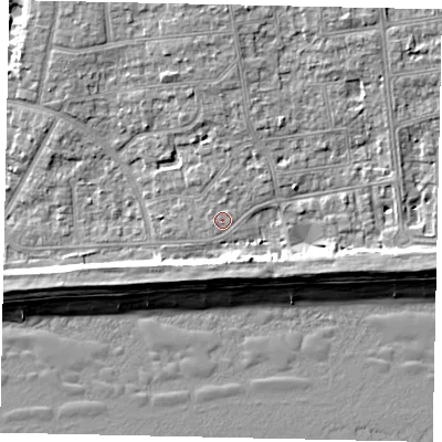 Shaded relief map of the ground around BN124JF, computed from Environment Agency LiDAR. The ground here sits at about 4 m above sea level and falls 9 m across the surrounding 800 m. Surface water reaching this point runs off ground lying to the north-north-east, 1.2 m higher.