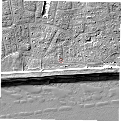Shaded relief map of the ground around BN124JG, computed from Environment Agency LiDAR. The ground here sits at about 3 m above sea level and falls 9 m across the surrounding 800 m. Surface water reaching this point runs off ground lying to the north-north-east, 4.2 m higher.