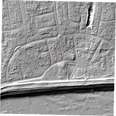 Shaded relief map of the ground around BN124JH, computed from Environment Agency LiDAR. The ground here sits at about 4 m above sea level and falls 9 m across the surrounding 800 m. Surface water reaching this point runs off ground lying to the north-north-west, 1.7 m higher.