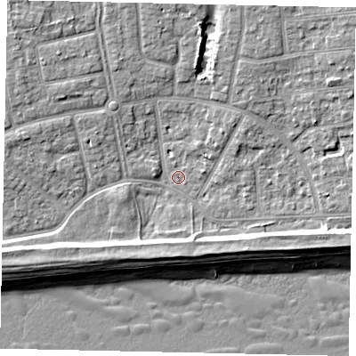 Shaded relief map of the ground around BN124JJ, computed from Environment Agency LiDAR. The ground here sits at about 3 m above sea level and falls 9 m across the surrounding 800 m. Surface water reaching this point runs off ground lying to the south, 3.1 m higher.