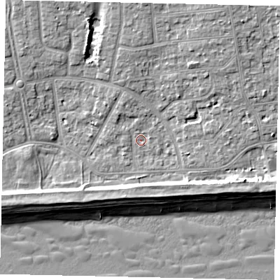 Shaded relief map of the ground around BN124JQ, computed from Environment Agency LiDAR. The ground here sits at about 3 m above sea level and falls 9 m across the surrounding 800 m. Surface water reaching this point runs off ground lying to the north, 4.8 m higher.