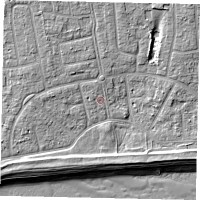 Shaded relief map of the ground around BN124NB, computed from Environment Agency LiDAR. The ground here sits at about 5 m above sea level and falls 9 m across the surrounding 800 m. Surface water reaching this point runs off ground lying to the north-west, 4.1 m higher.