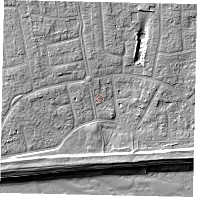 Shaded relief map of the ground around BN124ND, computed from Environment Agency LiDAR. The ground here sits at about 4 m above sea level and falls 9 m across the surrounding 800 m. Surface water reaching this point runs off ground lying to the north-north-west, 1.4 m higher.
