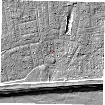 Shaded relief map of the ground around BN124NE, computed from Environment Agency LiDAR. The ground here sits at about 4 m above sea level and falls 10 m across the surrounding 800 m. Surface water reaching this point runs off ground lying to the north-west, 5.9 m higher.