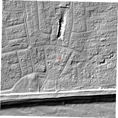 Shaded relief map of the ground around BN124NF, computed from Environment Agency LiDAR. The ground here sits at about 4 m above sea level and falls 9 m across the surrounding 800 m. Surface water reaching this point runs off ground lying to the east-north-east, 1.2 m higher.