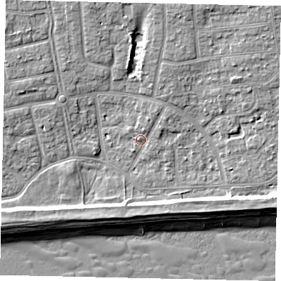 Shaded relief map of the ground around BN124NJ, computed from Environment Agency LiDAR. The ground here sits at about 4 m above sea level and falls 9 m across the surrounding 800 m. Surface water reaching this point runs off ground lying to the north-north-east, 5.4 m higher.