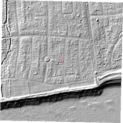 Shaded relief map of the ground around BN124QL, computed from Environment Agency LiDAR. The ground here sits at about 6 m above sea level and falls 9 m across the surrounding 800 m. Surface water reaching this point runs off ground lying to the north, 1.8 m higher.