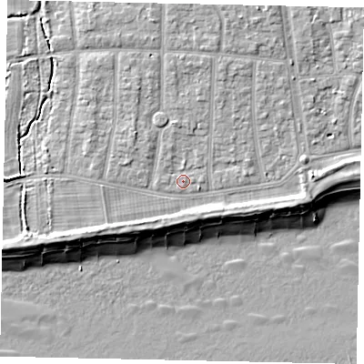 Shaded relief map of the ground around BN124QN, computed from Environment Agency LiDAR. The ground here sits at about 5 m above sea level and falls 10 m across the surrounding 800 m. Surface water reaching this point runs off ground lying to the north, 1.0 m higher.