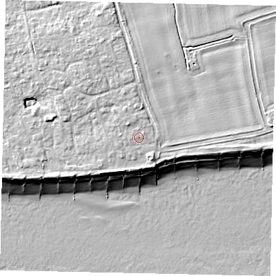 Shaded relief map of the ground around BN125HD, computed from Environment Agency LiDAR. The ground here sits at about 6 m above sea level and falls 9 m across the surrounding 800 m. Surface water reaching this point runs off ground lying to the north-west, 1.1 m higher.
