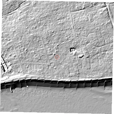 Shaded relief map of the ground around BN125PE, computed from Environment Agency LiDAR. The ground here sits at about 5 m above sea level and falls 9 m across the surrounding 800 m. Surface water reaching this point runs off ground lying to the north-west, 0.9 m higher.