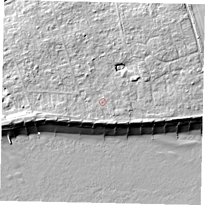 Shaded relief map of the ground around BN125PF, computed from Environment Agency LiDAR. The ground here sits at about 6 m above sea level and falls 9 m across the surrounding 800 m. Surface water reaching this point runs off ground lying to the south-east, 0.5 m higher.