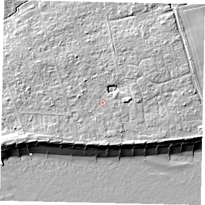 Shaded relief map of the ground around BN125PG, computed from Environment Agency LiDAR. The ground here sits at about 5 m above sea level and falls 9 m across the surrounding 800 m. Surface water reaching this point runs off ground lying to the north-east, 3.5 m higher.