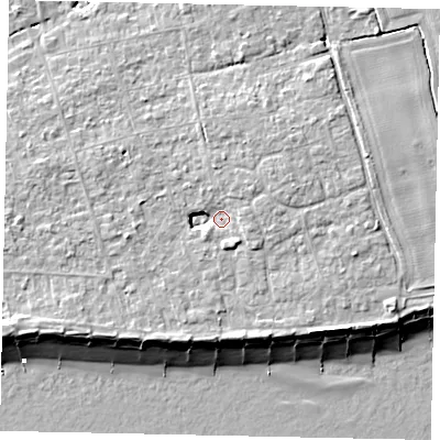 Shaded relief map of the ground around BN125PH, computed from Environment Agency LiDAR. The ground here sits at about 5 m above sea level and falls 8 m across the surrounding 800 m. Surface water reaching this point runs off ground lying to the north-east, 3.3 m higher.