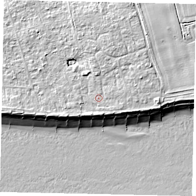 Shaded relief map of the ground around BN125PP, computed from Environment Agency LiDAR. The ground here sits at about 6 m above sea level and falls 9 m across the surrounding 800 m. Surface water reaching this point runs off ground lying to the north, 2.0 m higher.