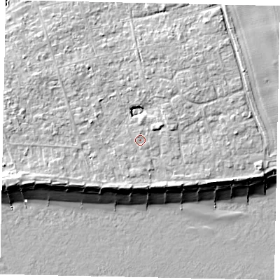 Shaded relief map of the ground around BN125PQ, computed from Environment Agency LiDAR. The ground here sits at about 6 m above sea level and falls 9 m across the surrounding 800 m. Surface water reaching this point runs off ground lying to the north-east, 2.0 m higher.