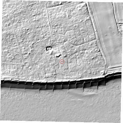 Shaded relief map of the ground around BN125PR, computed from Environment Agency LiDAR. The ground here sits at about 6 m above sea level and falls 9 m across the surrounding 800 m. Surface water reaching this point runs off ground lying to the north-west, 1.3 m higher.