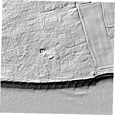 Shaded relief map of the ground around BN125PS, computed from Environment Agency LiDAR. The ground here sits at about 6 m above sea level and falls 9 m across the surrounding 800 m. Surface water reaching this point runs off ground lying to the north-north-east, 0.8 m higher.
