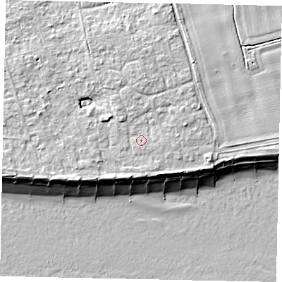 Shaded relief map of the ground around BN125PT, computed from Environment Agency LiDAR. The ground here sits at about 6 m above sea level and falls 9 m across the surrounding 800 m. Surface water reaching this point runs off ground lying to the north, 1.5 m higher.