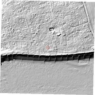Shaded relief map of the ground around BN125QD, computed from Environment Agency LiDAR. The ground here sits at about 6 m above sea level and falls 9 m across the surrounding 800 m. Surface water reaching this point runs off ground lying to the north-east, 2.0 m higher.