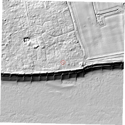 Shaded relief map of the ground around BN125QF, computed from Environment Agency LiDAR. The ground here sits at about 6 m above sea level and falls 9 m across the surrounding 800 m. The ground contributing surface water to this point lies to the north-east.