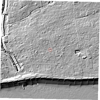 Shaded relief map of the ground around BN125QP, computed from Environment Agency LiDAR. The ground here sits at about 6 m above sea level and falls 8 m across the surrounding 800 m. Surface water reaching this point runs off ground lying to the north-west, 1.0 m higher.