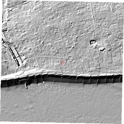 Shaded relief map of the ground around BN125QS, computed from Environment Agency LiDAR. The ground here sits at about 5 m above sea level and falls 9 m across the surrounding 800 m. Surface water reaching this point runs off ground lying to the north-east, 3.3 m higher.
