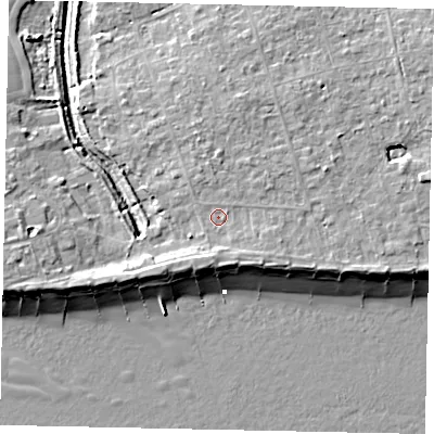 Shaded relief map of the ground around BN125QU, computed from Environment Agency LiDAR. The ground here sits at about 5 m above sea level and falls 9 m across the surrounding 800 m. Surface water reaching this point runs off ground lying to the east-north-east, 3.1 m higher.